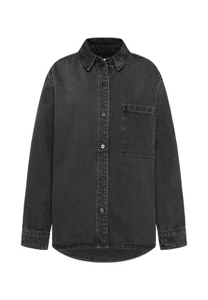Schwarzes Denim-Hemd mit Button-Down-Kragen, langen Ärmeln, einer Brusttasche links und abgerundetem Saum. Strukturierter, strapazierfähiger Stoff.
