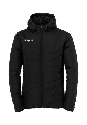 Schwarze gepolsterte Jacke mit Reißverschluss und Kapuze. Verfügt über genähte horizontale Linien, uhlsport-Logo auf der linken Brust und elastische Bündchen.