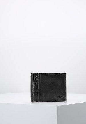 Schwarze Lederbörse mit glatter Oberfläche, rechteckiger Form und geprägten Details. Verfügt über einen Fach für Karten und ein minimalistisches Design.