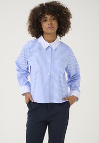 Camicia a maniche lunghe a righe blu e bianche con colletto, un taschino sul petto. Il tessuto sembra liscio e leggero.