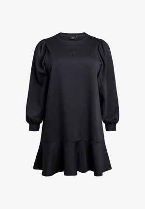 Robe noire en tissu doux, avec un col rond, des manches bouffantes et un ourlet évasé orné d'une volière en bas.