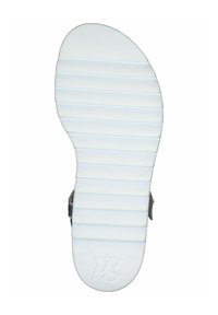 Suela de goma blanca con surcos horizontales, con forma redondeada y logo en relieve. Superficie texturizada para un mejor agarre y estabilidad.