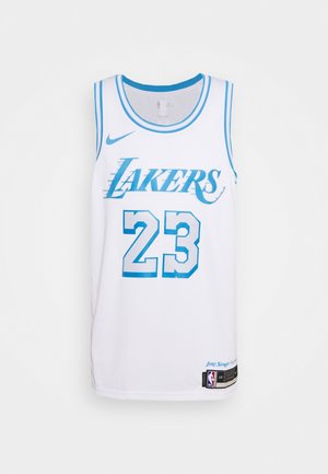 Camiseta de baloncesto blanca de Los Angeles Lakers con ribete azul, número 23, logo de Nike y marca de la NBA en el dobladillo.