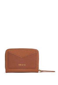 Tan leather wallet with a textured finish, featuring a triangular design on the front and embossed logo. Gold zipper and hardware accents.