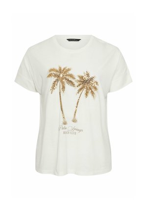 T-shirt blanc à manches courtes avec deux palmiers en sequins dorés et le texte "Palm Springs Beach Club" sur le devant.