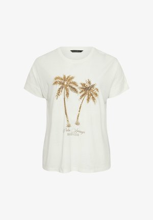 Camiseta blanca de manga corta con dos palmeras doradas de lentejuelas y texto "Palm Springs Beach Club" en la parte delantera.