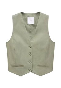 Veste vert clair avec col en V, fermeture à cinq boutons, deux poches avant et texture lisse. Étiquette visible sur la partie supérieure intérieure.