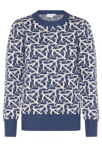 Pull en tricot avec une base bleue et un motif abstrait crème, col rond, manches longues, et bords côtelés aux poignets et à l'ourlet.