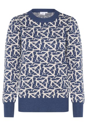 Neulepaita, jossa on sininen pohja ja kermavärinen abstrakti kuvio, pyöreä kaula-aukko, pitkät hihat sekä ribbaus hihansuissa ja helmakohdassa.