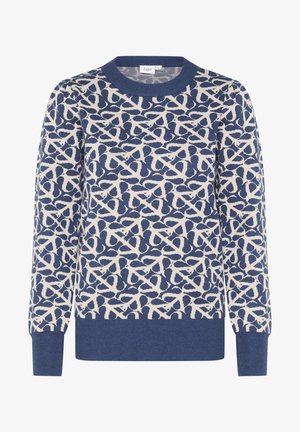 Pletený svetr s modrým základem a krémovým abstraktním vzorem, kulatým výstřihem, dlouhými rukávy a žebrovanými manžetami a lemem.