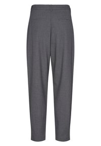 Grey tailored trousers with a smooth texture, featuring two back pockets and a tapered leg design. The fabric appears lightweight and formal.