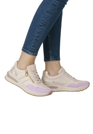 Lightweight sneakers with a beige and lavender color scheme, suede and leather materials, lace-up and zip details, and a textured sole.