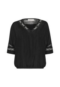 Blusa nera con scollo a V e maniche corte. Presenta dettagli floreali ricamati sullo scollo e sulle maniche. Tessuto morbido, vestibilità comoda.