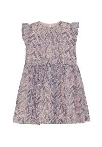 Blumenkleid aus hellrosa Stoff mit Volantärmeln, versehen mit einem Muster aus blauen Blumen und Grünpflanzen. Knopfschluss im Rücken.