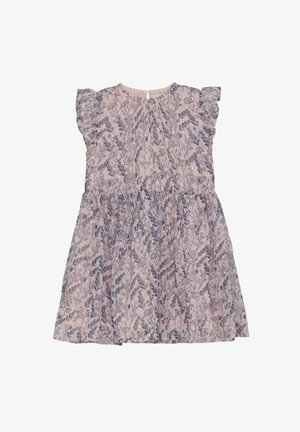 Blumenkleid aus hellrosa Stoff mit Volantärmeln, versehen mit einem Muster aus blauen Blumen und Grünpflanzen. Knopfschluss im Rücken.