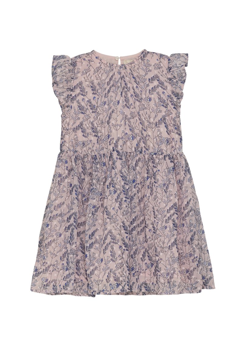 Blumenkleid aus hellrosa Stoff mit Volantärmeln, versehen mit einem Muster aus blauen Blumen und Grünpflanzen. Knopfschluss im Rücken.