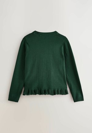 Suéter de punto verde oscuro con mangas largas y un dobladillo con volantes. El material parece suave, con una textura lisa y un diseño sencillo.