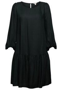 Vestido negro de manga larga con escote redondo, mangas abullonadas fruncidas, dobladillo en capas y una pequeña abertura en la parte posterior. Tejido suave.