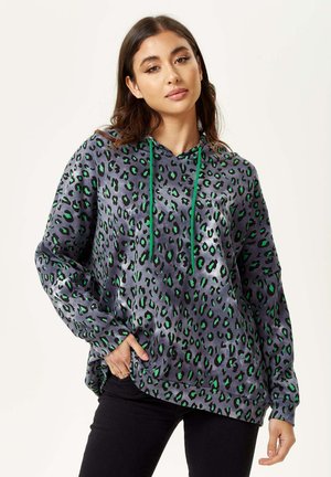 Gray hoodie with black and green leopard print, drawstring hood, long sleeves, and front pockets. Soft texture and relaxed fit.