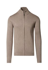 Beżowy sweter rozpinany na zamek z długimi rękawami, wykonany z miękkiej dzianiny. Posiada wysoki kołnierz oraz ściągacze na mankietach i u dołu.