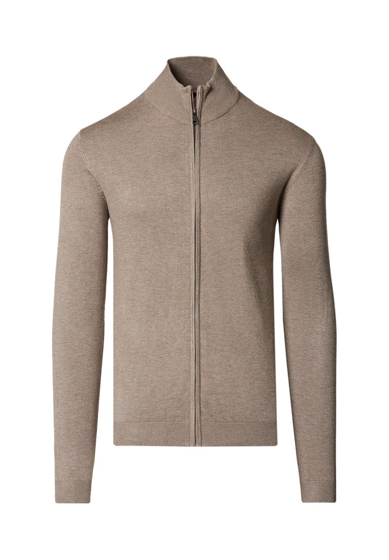 Beżowy sweter rozpinany na zamek z długimi rękawami, wykonany z miękkiej dzianiny. Posiada wysoki kołnierz oraz ściągacze na mankietach i u dołu.