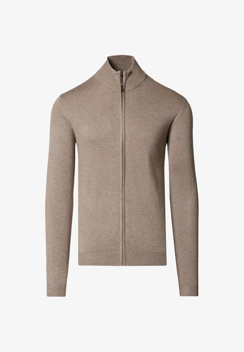 Beżowy sweter rozpinany na zamek z długimi rękawami, wykonany z miękkiej dzianiny. Posiada wysoki kołnierz oraz ściągacze na mankietach i u dołu.