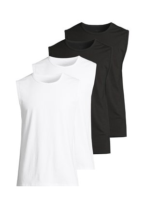 Fyra ärmlösa t-shirts i ett paket: två vita och två svarta. Tillverkade av bomull, med rund halsringning och slät yta.
