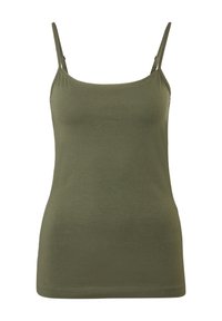 Olijfgroene tanktop met dunne verstelbare bandjes, gemaakt van zachte ribgebreide stof. Voorzien van een ronde halslijn en een rechte zoom.