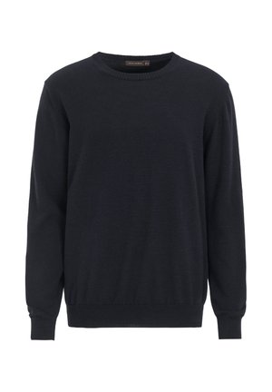 Tummansininen neulepusero, joka on valmistettu pehmeästä neuloksesta. Puserossa on pyöreä kaula-aukko, pitkät hihat sekä ribbireunus helman ja hihojen yläpäässä.