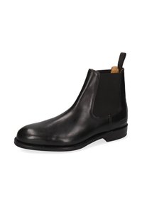 Czarne skórzane botki Chelsea z elastycznymi panelami bocznymi, zaokrąglonym noskiem, niskim obcasem i pętlą do łatwego zakładania. Gładka tekstura i minimalne detale.