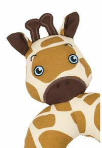 Jucărie de pluș în formă de girafă, realizată dintr-un material cu un model maro și crem, cu ochi brodați de culoare albastră și accente maro pe urechi și bot. Textură moale.