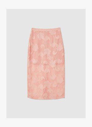 Gonna a matita rosa con motivo floreale e foglie testurizzate, realizzata in tessuto leggero. Finitura liscia con design aderente.