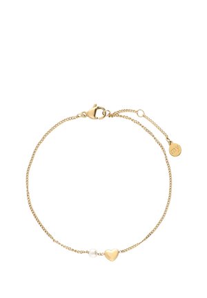 Delicatie gouden ketting armband met een kleine witte parel en een gouden hartbedel, bevestigd met een karabijnsluiting met een verstelbare ketting.