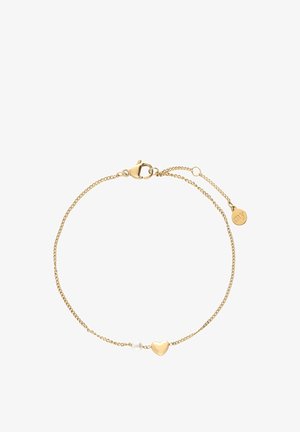 Delicatie gouden ketting armband met een kleine witte parel en een gouden hartbedel, bevestigd met een karabijnsluiting met een verstelbare ketting.