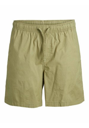 Pantaloni corti verde oliva realizzati in tessuto leggero, con cintura elastica e cordoncino, dalla vestibilità rilassata e taglio dritto.