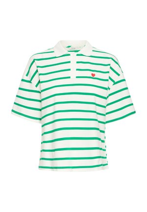 Short-sleeve polo shirt in white cotton with green horizontal stripes, featuring a three-button placket and a small red heart detail.
