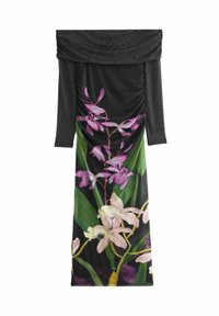 Sort kjole med off-the-shoulder design, prydet med et blomsterprint i lilla og hvide orkideer på den nederste del og sammensunket tekstur på bodice.