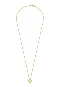 Collana dorata con una catena sottile e un ciondolo a forma di cuore che presenta una finitura liscia e una leggera decorazione glitterata su un lato.