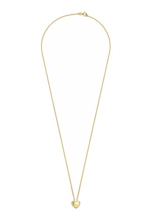Goldfarbene Halskette mit einer dünnen Kette und einem herzförmigen Anhänger, der eine glatte Oberfläche und subtile Glitzerdetails auf einer Seite aufweist.