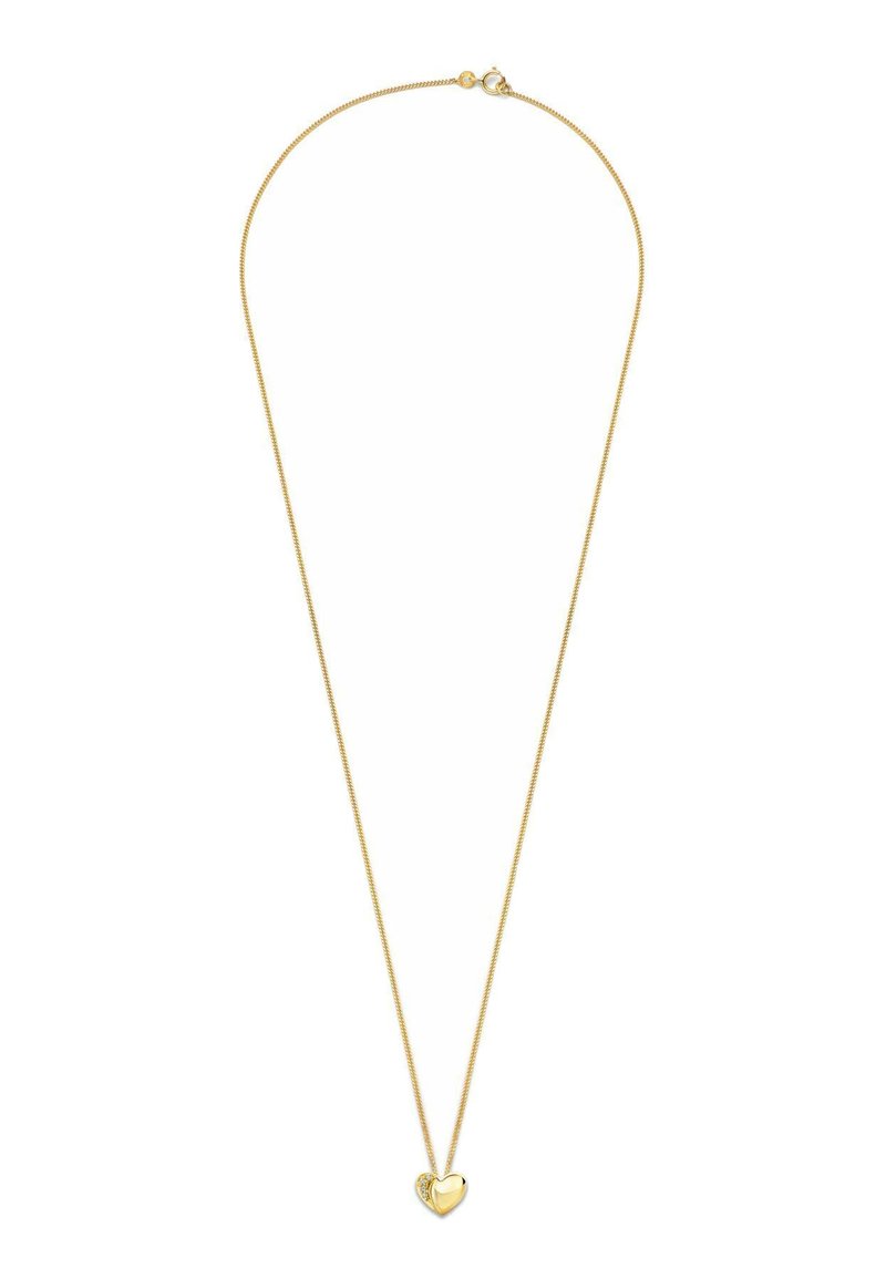 Collana dorata con una catena sottile e un ciondolo a forma di cuore che presenta una finitura liscia e una leggera decorazione glitterata su un lato.