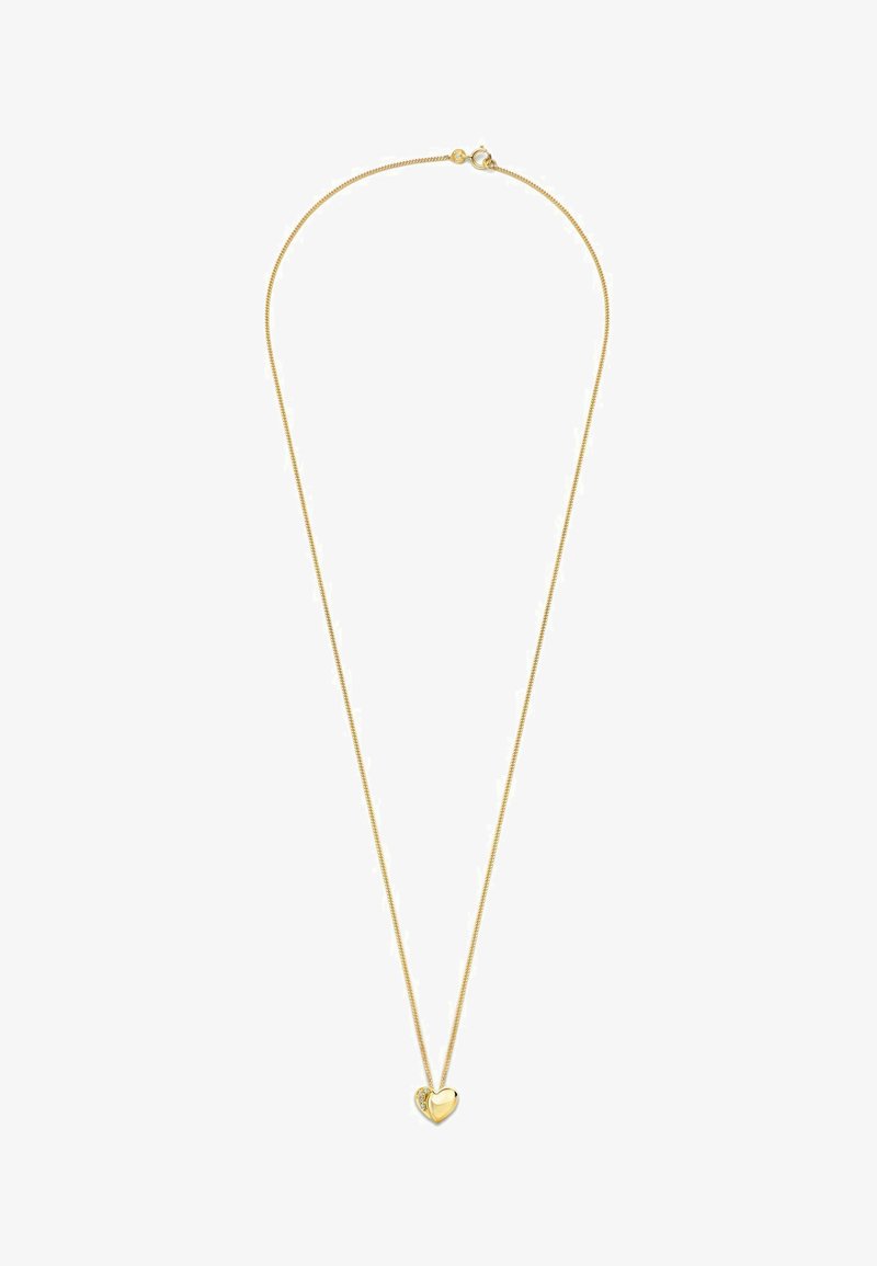 Kulta sävyinen kaulanauha, jossa on ohut ketju ja sydämen muotoinen riipus, jossa on sileä pinta ja hienovarainen kimallus yksellä puolella.