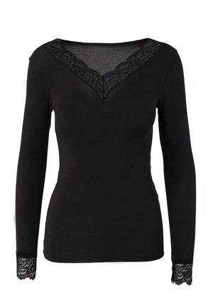 Black long-sleeved top with a V-neck design, featuring lace trim around the neckline and at the cuffs. Smooth fabric texture.