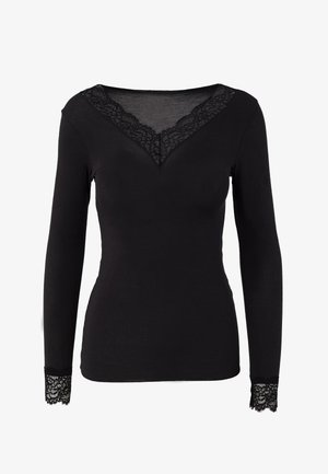 Black long-sleeved top with a V-neck design, featuring lace trim around the neckline and at the cuffs. Smooth fabric texture.