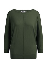 Zielony dzianinowy sweter z dekoltem w łódkę, opadającymi ramionami i prążkowanym wykończeniem. Gładka tekstura o prostym, nowoczesnym wzornictwie.