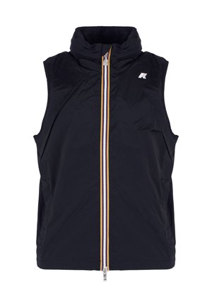 Gilet nero senza maniche con colletto alto, chiusura frontale con zip, caratterizzato da strisce gialle, bianche e blu, e un logo sul lato sinistro.