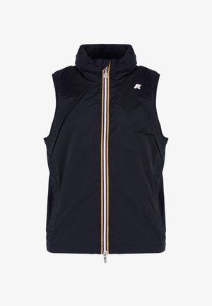 Gilet nero senza maniche con colletto alto, chiusura frontale con zip, caratterizzato da strisce gialle, bianche e blu, e un logo sul lato sinistro.
