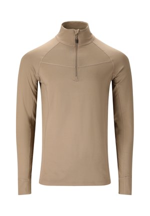 Tan langærmet pullover med kvart-zip hals, der har raglanærmer, flade sømme og en glat, tekstureret stoffinish.