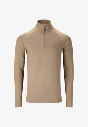 Tan langærmet pullover med kvart-zip hals, der har raglanærmer, flade sømme og en glat, tekstureret stoffinish.