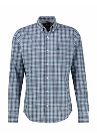 Koszula z długim rękawem zapinana na guziki w niebiesko-biały wzór w kratę. Posiada kołnierz typu spread, pojedynczą kieszeń na piersi oraz zaokrąglony dół. Wykonana z bawełny.