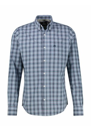 Koszula z długim rękawem zapinana na guziki w niebiesko-biały wzór w kratę. Posiada kołnierz typu spread, pojedynczą kieszeń na piersi oraz zaokrąglony dół. Wykonana z bawełny.